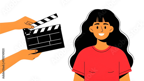Smiling Actress with Movie Clapperboard for Film Production, Cinema, and Social Media Video Content Creation,  transparent background