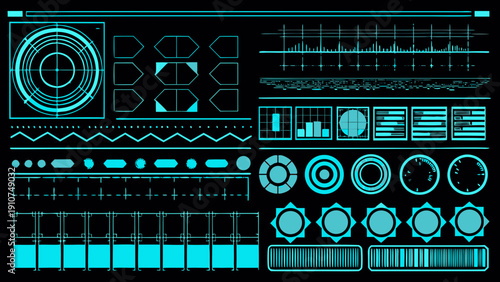 Futuristic interface elements and technical diagrams in bright cyan tones