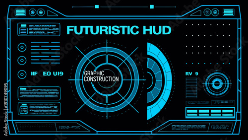 A vibrant blue futuristic heads up display interface on a black background