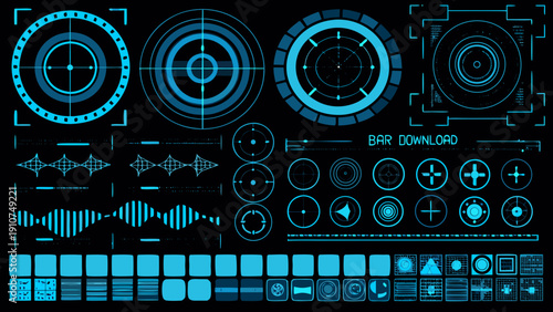 Abstract technological interface elements with targeting and signal displays