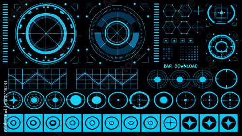 Futuristic interface elements with glowing blue lines on a dark background