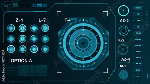 Futuristic interface display with circular elements and labeled control panels