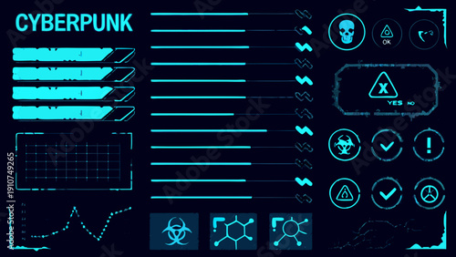 Cyberpunk interface elements with warning signs data displays and futuristic icons