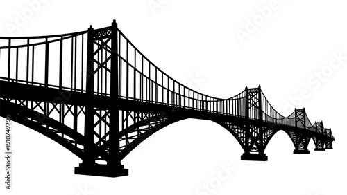 Suspension Bridge Silhouette Against White Background.