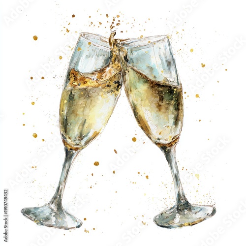 Wallpaper Mural Elegant Watercolor Champagne Glasses Toasting with Gold Splatters Torontodigital.ca