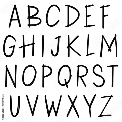 Hand-drawn doodle set of english letters alphabet on white background.