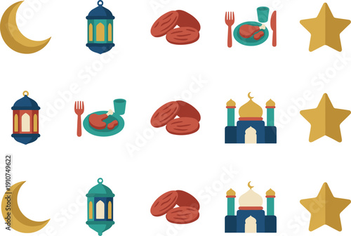 Eid Mubarak Ramadan Kareem festive icons set.