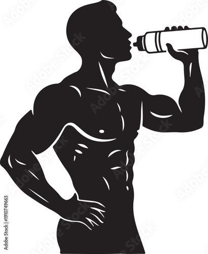 Muscular man's silhouette staying hydrated with a water bottle after an intense workout
