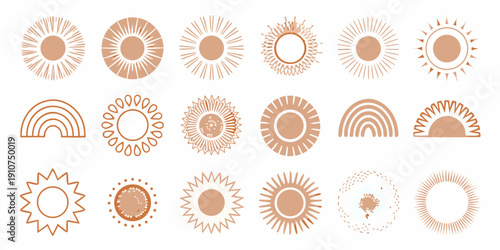 Collection of abstract sun and rainbow illustrations in warm earthy tones