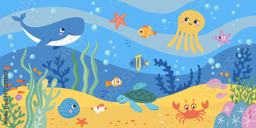 A colorful underwater scene featuring a whale octopus and various sea creatures