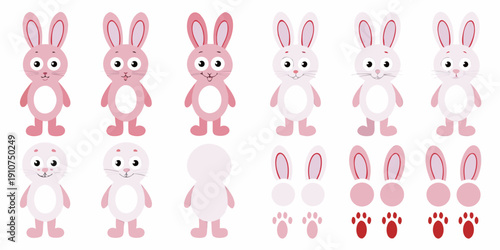 A collection of cartoon bunny parts arranged in a grid pattern