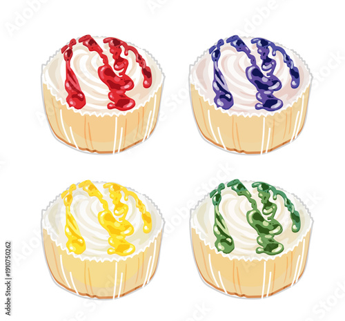 フルーツソースのかかったコンビニスイーツのカップケーキ