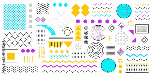 Colorful geometric shapes and patterns arranged on a white background