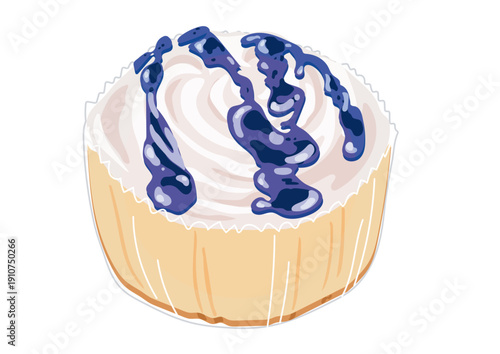 ブルーベリーソースのかかったコンビニスイーツのカップケーキ