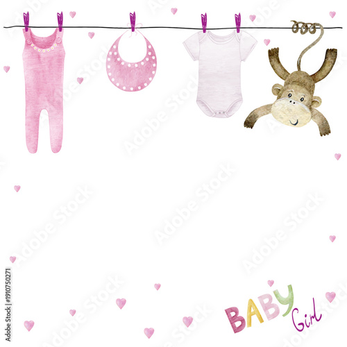 Watercolor vector baby shower for girl. Cute hand drawn frame with baby elements.