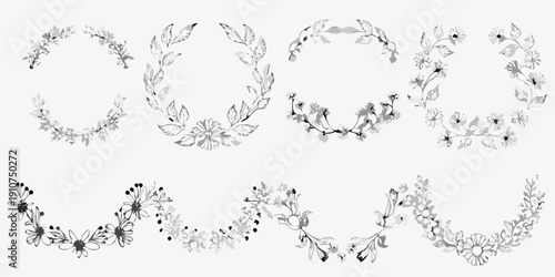Floral wreaths and sprigs botanical illustrations in grayscale