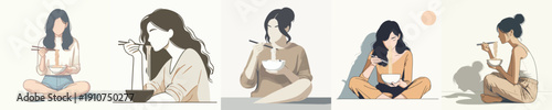Vector Illustration of a Woman Eating Noodles