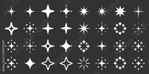 Collection of white sparkle and starburst shapes on a black background