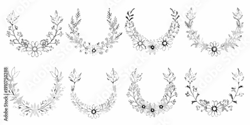 Floral wreath and garland designs in black and white sketches
