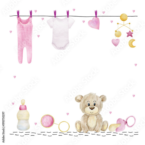 Watercolor vector baby shower for girl. Cute hand drawn frame with baby elements.