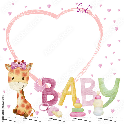 Watercolor vector baby shower for girl. Cute hand drawn frame with baby elements.
