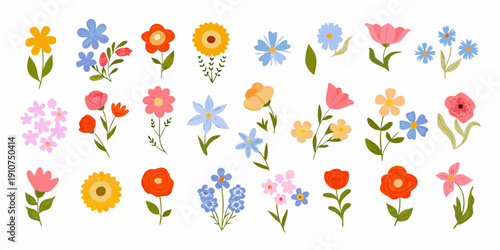 A colorful collection of various stylized flowers and floral arrangements