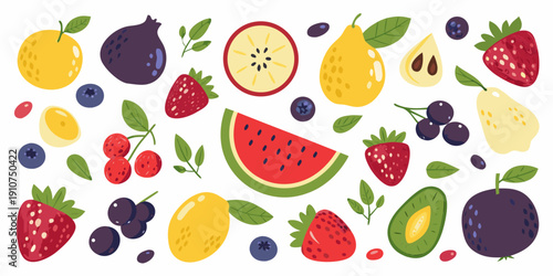 Colorful assortment of various fruits including berries citrus and melons