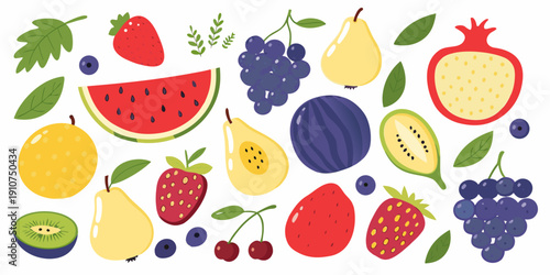 Assorted colorful fruits arranged in a playful illustrative design