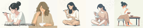Vector Illustration of a Woman Eating Noodles