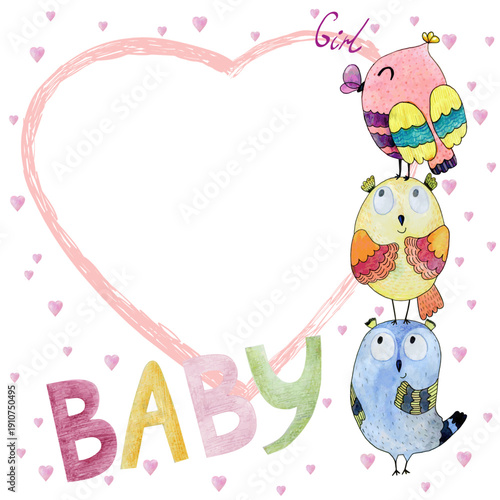 Watercolor vector baby shower for girl. Cute hand drawn frame with owls.