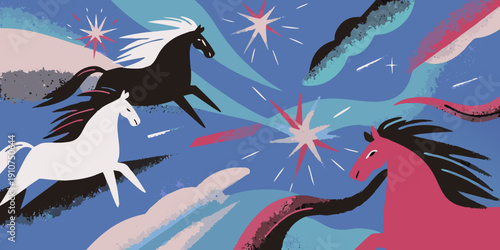 Stylized illustration of galloping horses amidst a vibrant abstract sky