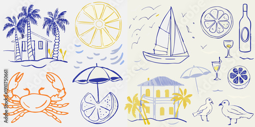 Summer themed doodles featuring tropical fruits beach elements and marine life