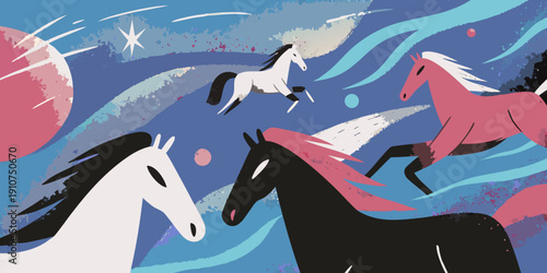 Stylized illustration of galloping horses amidst a swirling abstract sky