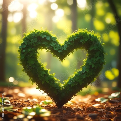 Wallpaper Mural Heart shape made from green leaves glowing in golden sunlight, natural outdoor setting, eco friendly concept Torontodigital.ca