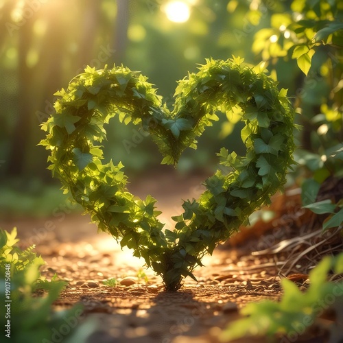 Wallpaper Mural Heart shape made from green leaves glowing in golden sunlight, natural outdoor setting, eco friendly concept Torontodigital.ca