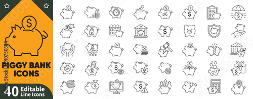 Piggy bank savings finance editable stroke icons set. savings, investment, budget, wealth, money, banking, secure economy vector.