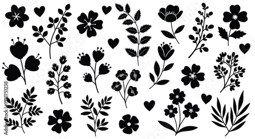 Collection of various stylized black and white floral elements including blossoming flowers, delicate sprigs, leafy branches, and small heart shapes perfect for design projects