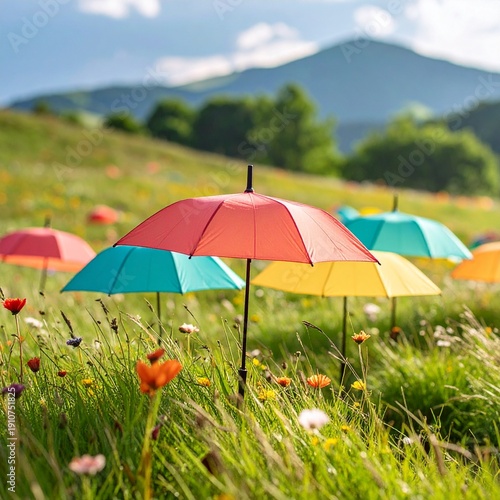 Vibrant umbrellas scattered across a sunny meadow filled with wildflowers and lush green grass, creating a whimsical and joyful outdoor scene