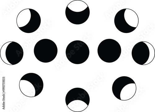 Vector illustration showing lunar phases arranged in cross pattern, including crescent, quarter, gibbous, full moon, new moon, astronomy cycle educational design
