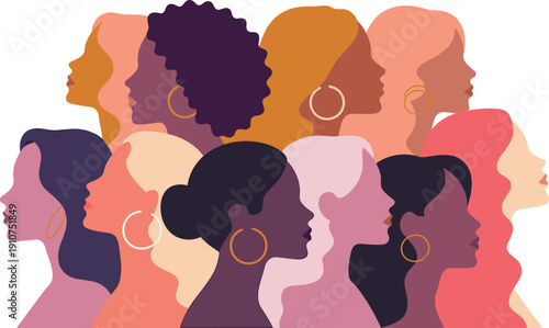 Stylized vector illustration of diverse women side profiles with unique hairstyles, skin tones, hoop earrings, minimalist design representing empowerment, unity, diversity, and fashion