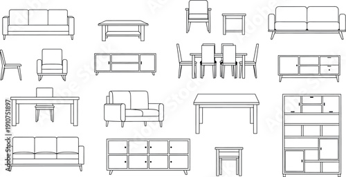 A collection of furniture line drawings isolated on transparent background