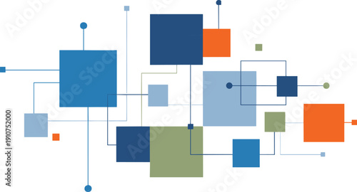 Vector illustration featuring abstract network of interconnected squares and circles in colorful geometric layout, modern design representing data flow, system structure, and relationships