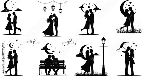 Set of vector silhouettes featuring romantic couples in various intimate poses under the moon and stars for valentines day