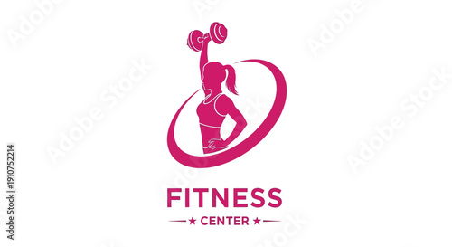 Striking magenta silhouette logo design featuring a powerful woman lifting a dumbbell overhead representing strength and dedication for a vibrant fitness center brand identity.