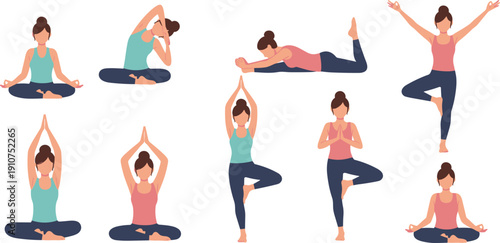 Set of flat vector illustrations featuring a woman practicing various yoga poses for fitness mindfulness wellness and physical health