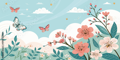 Charming spring landscape with butterflies and blooming flowers under sunny sky for wallpaper, banner, card, and web design