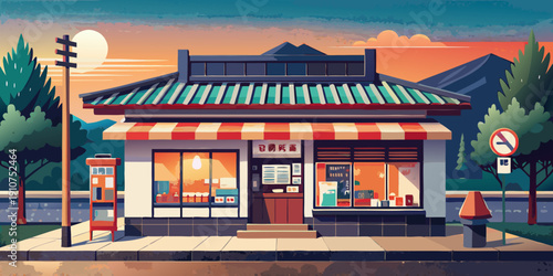 Cozy Asian style convenience store with sunset, asian typical cafe at sunset with mountain view