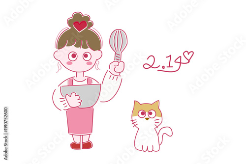 バレンタインの女の子と猫の可愛いラインアートイラスト