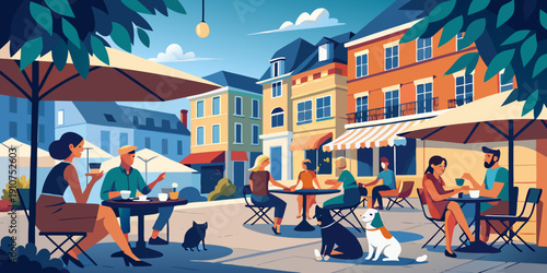 People enjoying coffee and conversation at outdoor cafe on sunny day scenery vector illustration