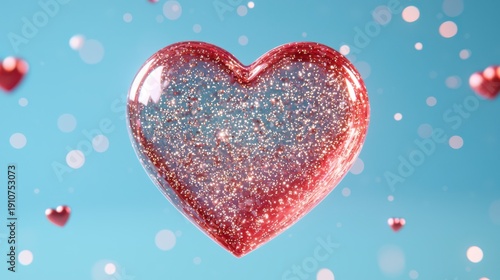 Wallpaper Mural A shiny, red, glitter-filled heart floats against a blue background with smaller hearts and glowing bokeh effects scattered around. Torontodigital.ca